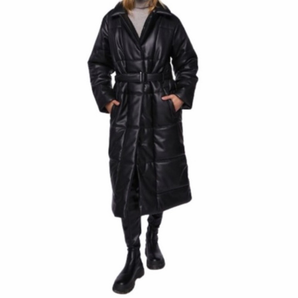 Forever 21 Longline Faux Leather Belted Puffer Coat